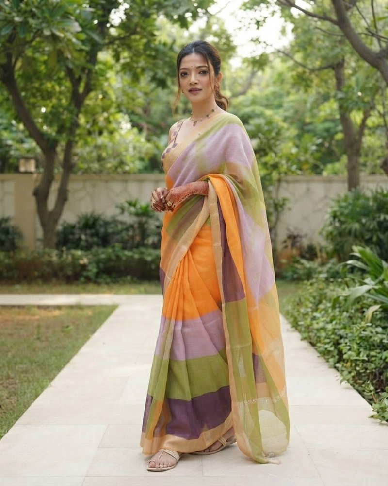 Pastel Color Block Check Chanderi Saree