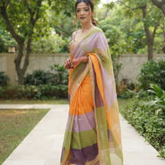 Pastel Color Block Check Chanderi Saree
