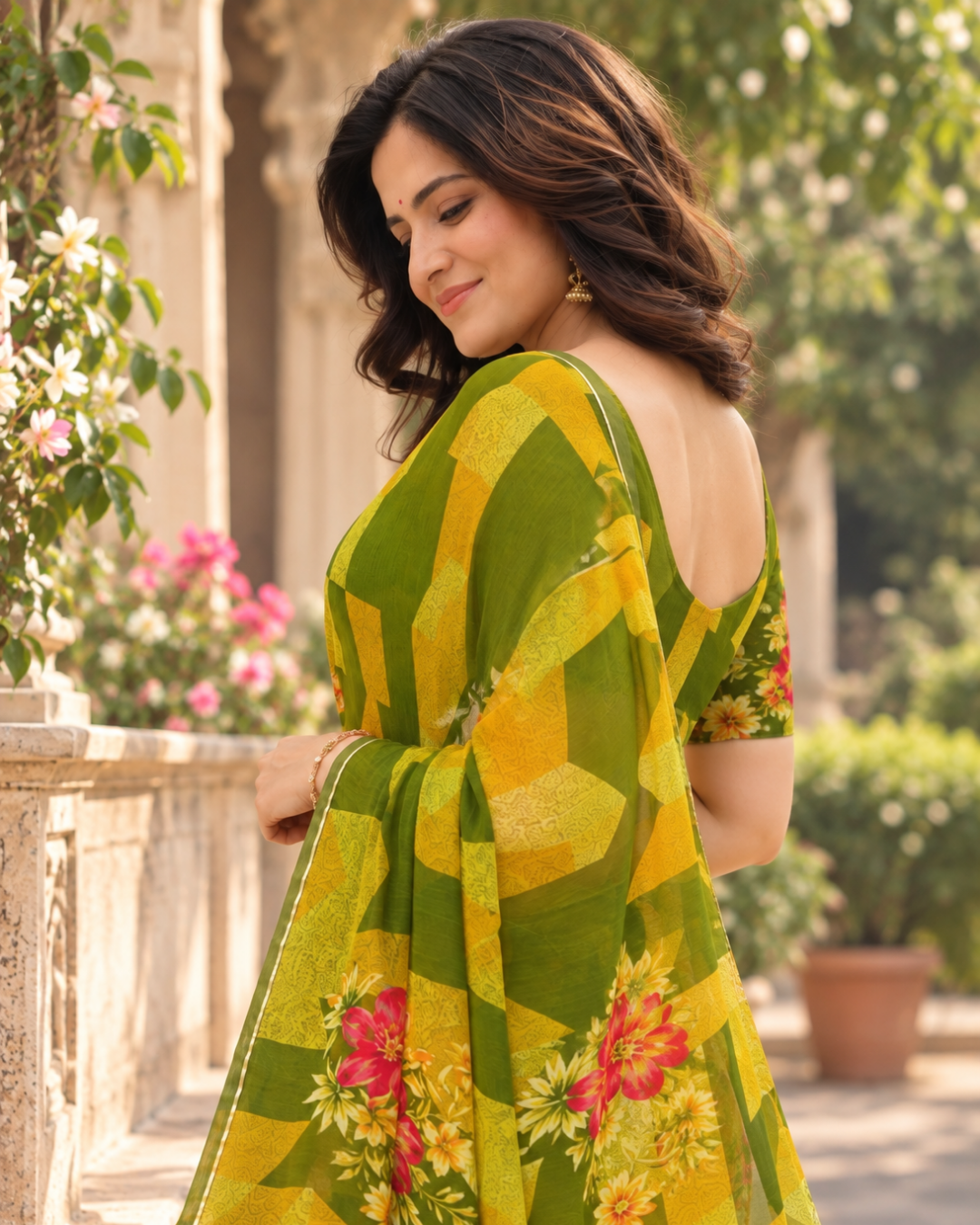 Olive Mustard Geometric Floral Saree