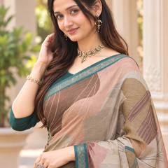 Taupe & Teal Abstract Botanical Leaf Premium Silk Saree