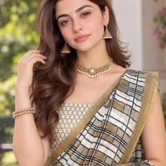 Monochrome Grid Check Gold Zari Chanderi Saree