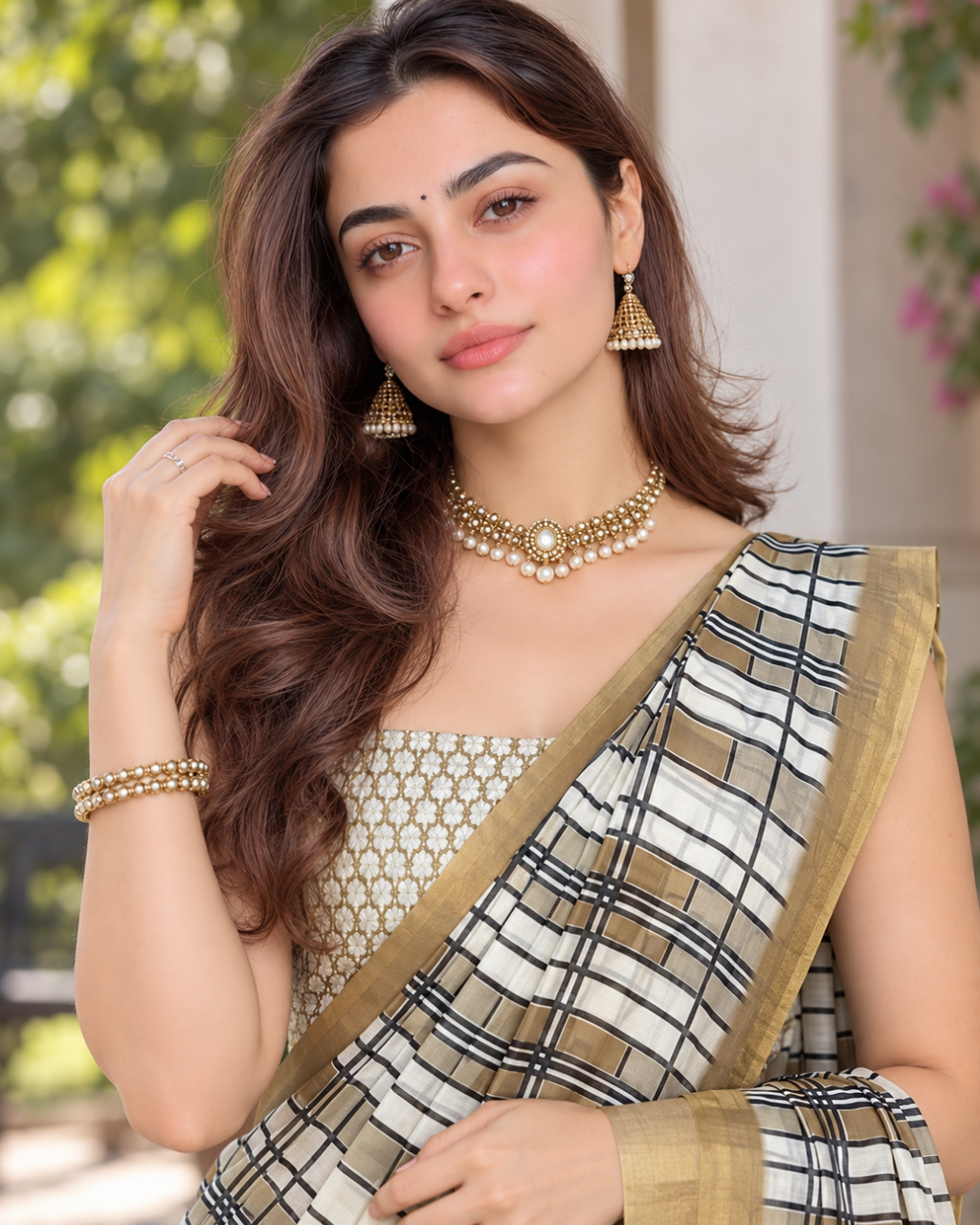 Monochrome Grid Check Gold Zari Chanderi Saree