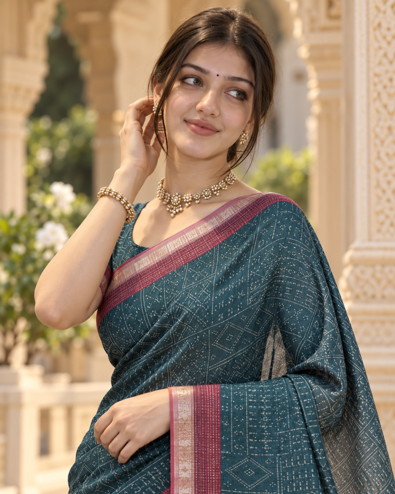 Teal Blue Bandhani Grid & Figurine Premium Silk Saree