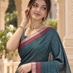 Teal Blue Bandhani Grid & Figurine Premium Silk Saree