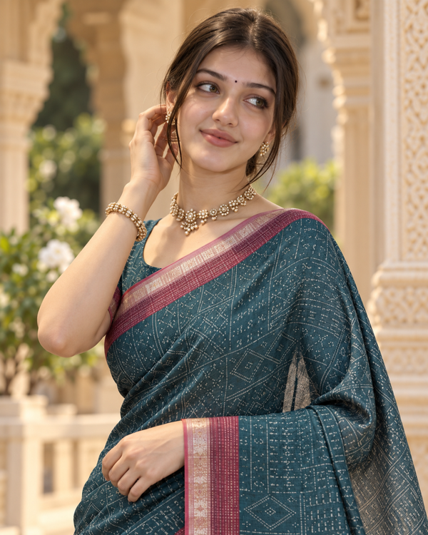 Teal Blue Bandhani Grid & Figurine Premium Silk Saree