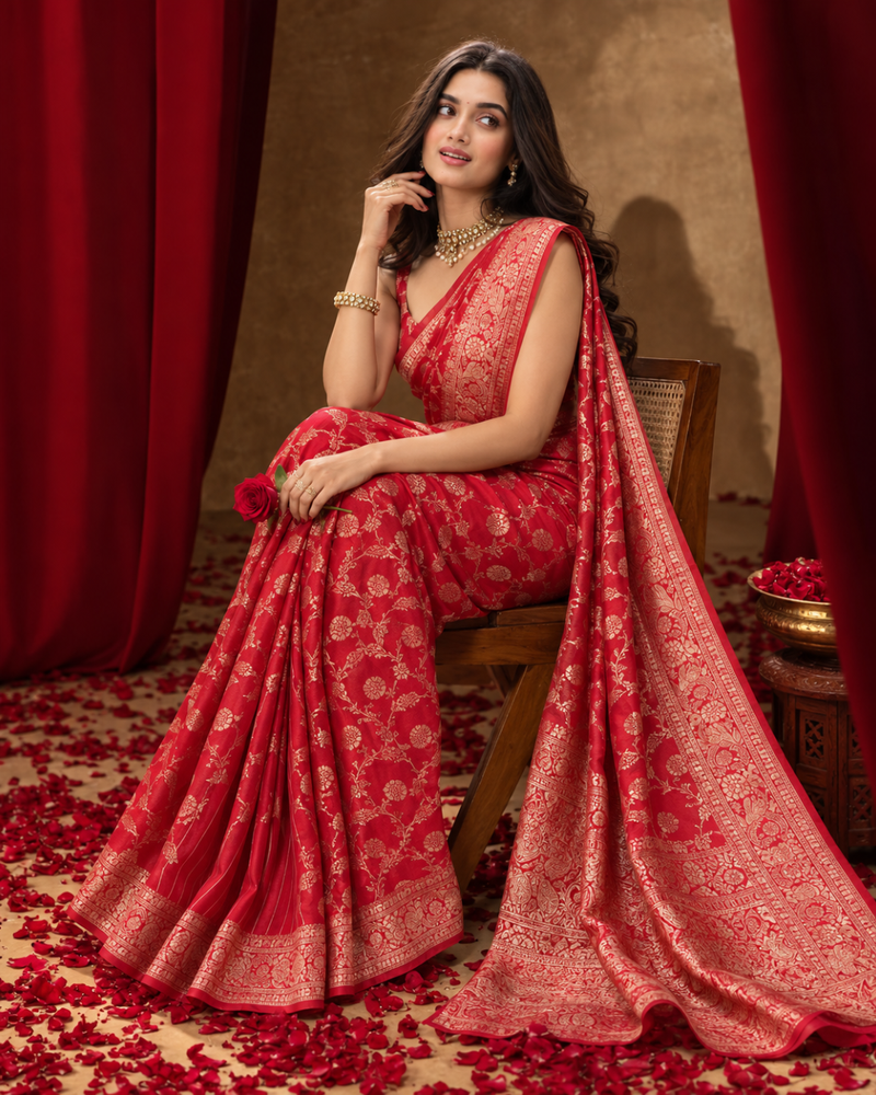 Crimson Red Golden Jaal Banarasi Silk Saree