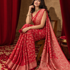 Crimson Red Golden Jaal Banarasi Silk Saree