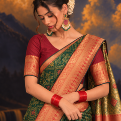 Bottle Green Contrast Maroon Border Silk Saree