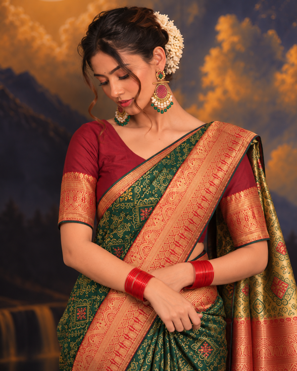 Bottle Green Contrast Maroon Border Silk Saree