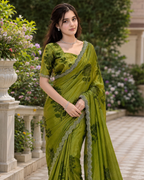 Olive Green Sunflower Print Fandy Silk Saree