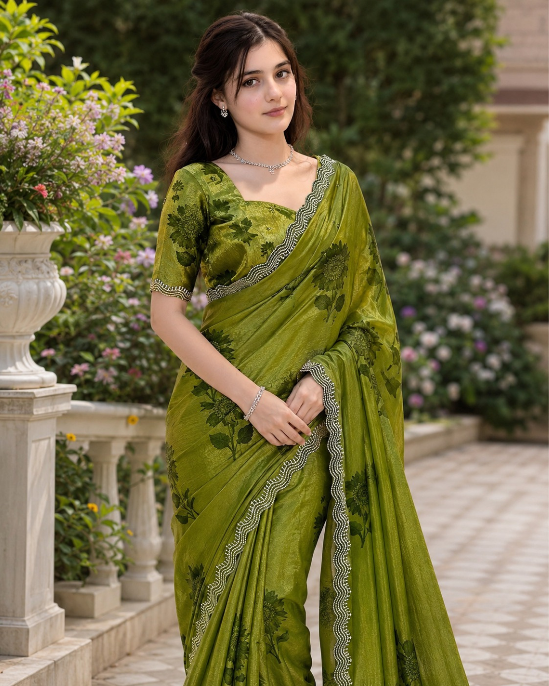Olive Green Sunflower Print Fandy Silk Saree