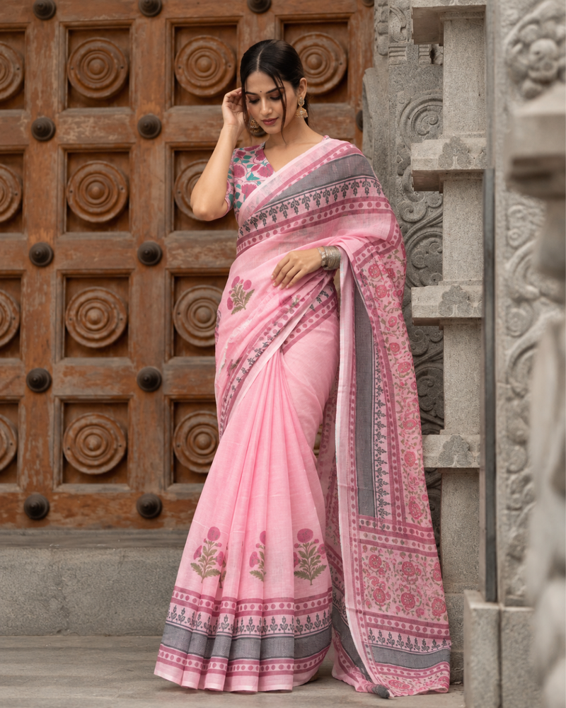 Baby Pink Mughal Floral Block Print Linen Saree