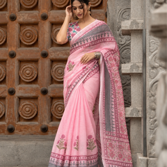 Baby Pink Mughal Floral Block Print Linen Saree