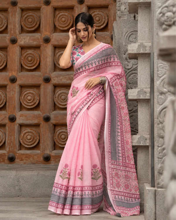 Baby Pink Mughal Floral Block Print Linen Saree