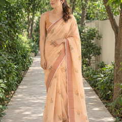 Apricot Peach Floral Booti Chanderi Saree