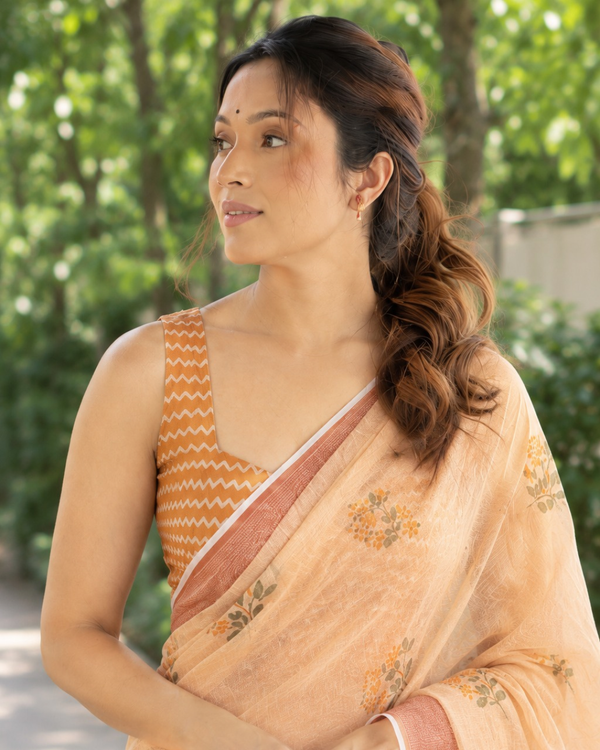 Apricot Peach Floral Booti Chanderi Saree