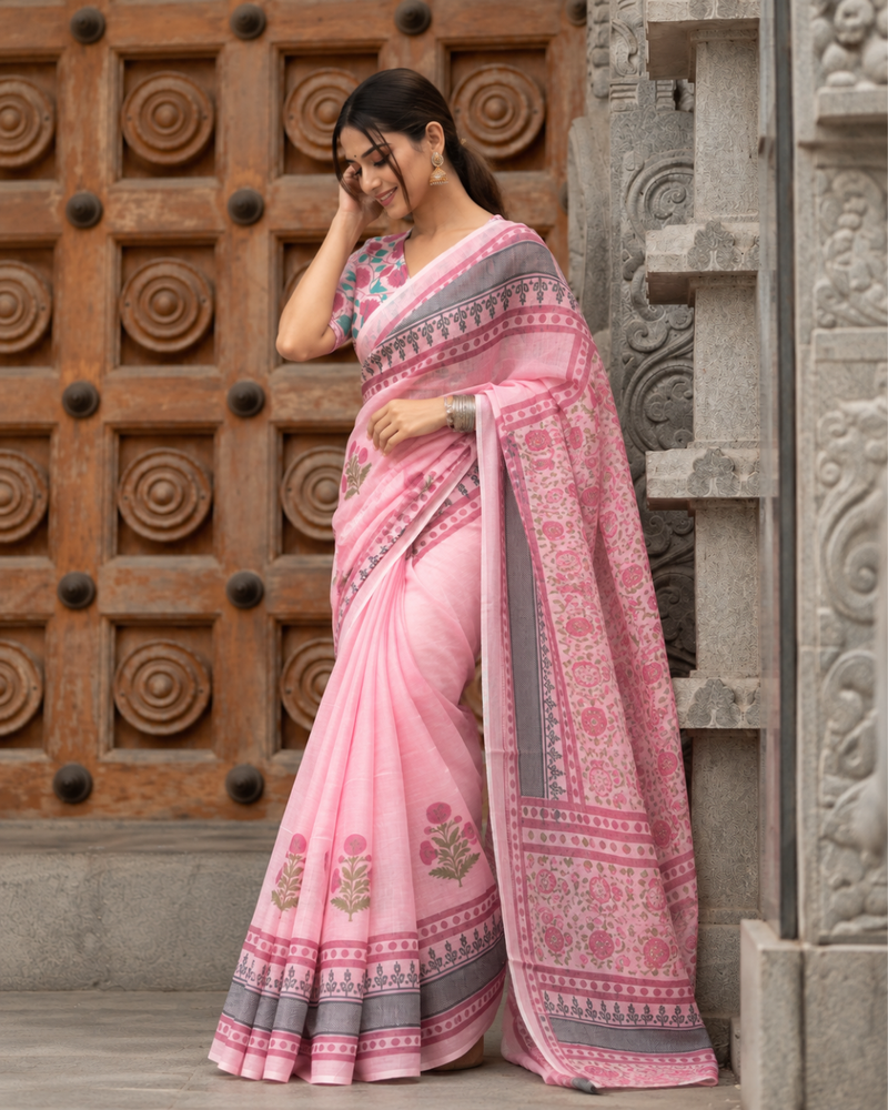 Baby Pink Mughal Floral Block Print Linen Saree