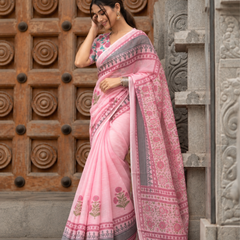 Baby Pink Mughal Floral Block Print Linen Saree