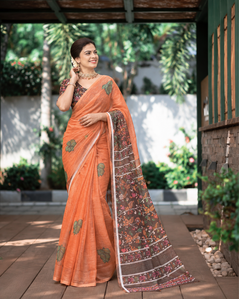 Rustic Orange Earthy Block Print Linen Saree
