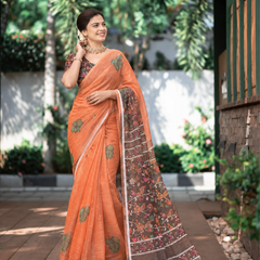 Rustic Orange Earthy Block Print Linen Saree