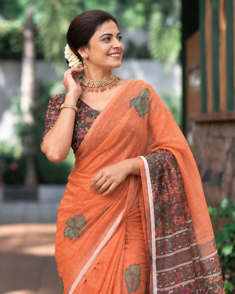 Rustic Orange Earthy Block Print Linen Saree