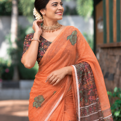 Rustic Orange Earthy Block Print Linen Saree