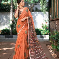 Rustic Orange Earthy Block Print Linen Saree