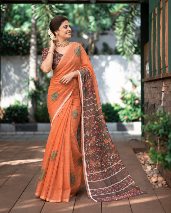 Rustic Orange Earthy Block Print Linen Saree