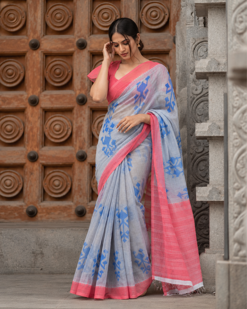 Grey & Coral Pink Ikat Motif Linen Saree