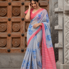 Grey & Coral Pink Ikat Motif Linen Saree