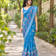 Azure Songbird Garden Chanderi Saree