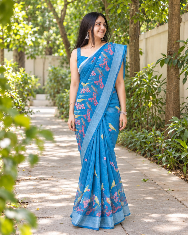 Azure Songbird Garden Chanderi Saree
