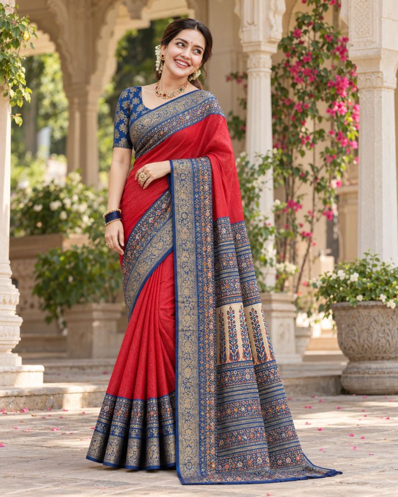 Crimson Red Patola & Brocade Contrast Premium Silk Saree