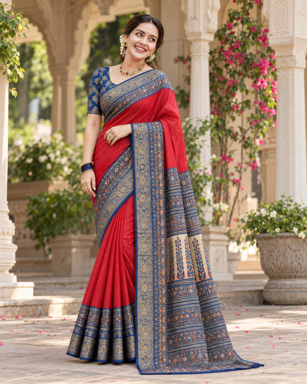Crimson Red Patola & Brocade Contrast Premium Silk Saree