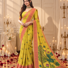 Lime Yellow Lotus Pallu Jamdani Cotton Saree