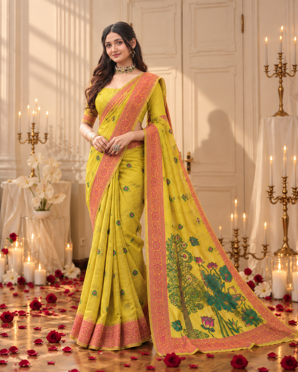 Lime Yellow Lotus Pallu Jamdani Cotton Saree
