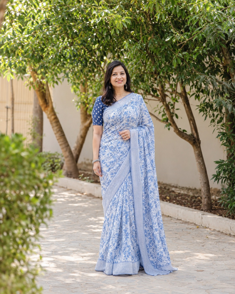 French Blue Floral Jaal Chanderi Saree