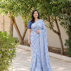French Blue Floral Jaal Chanderi Saree