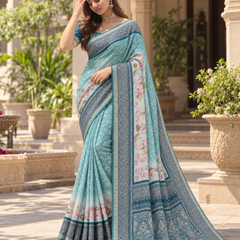 Sky Blue Floral Botanical Border Premium Silk Saree