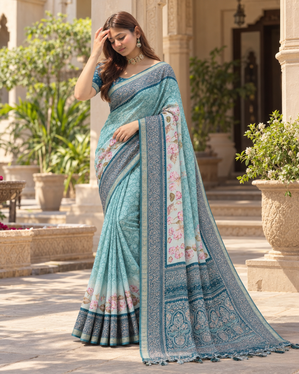 Sky Blue Floral Botanical Border Premium Silk Saree