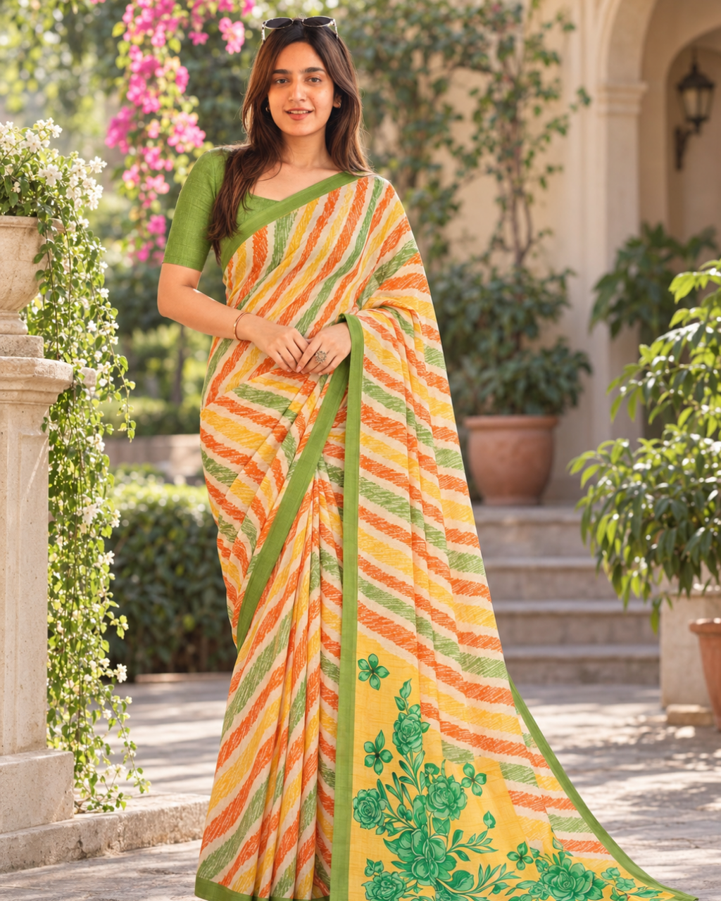 Sunshine Tricolor Leheriya Rose Saree