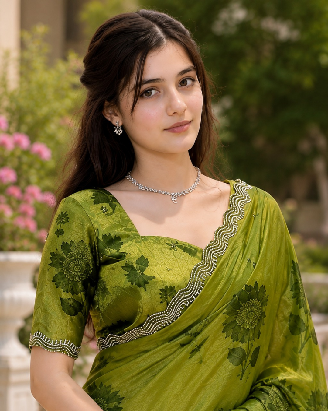 Olive Green Sunflower Print Fandy Silk Saree