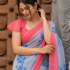 Grey & Coral Pink Ikat Motif Linen Saree