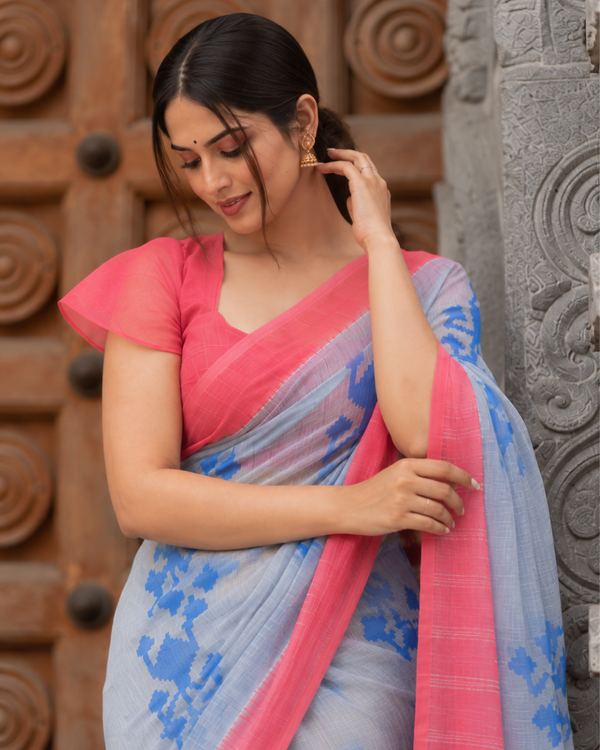 Grey & Coral Pink Ikat Motif Linen Saree
