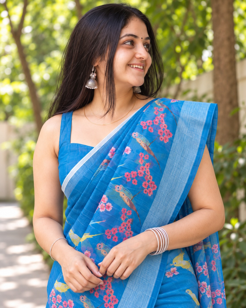 Azure Songbird Garden Chanderi Saree