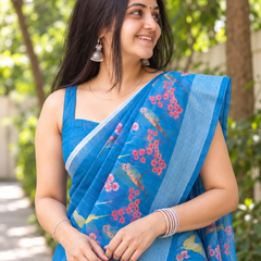 Azure Songbird Garden Chanderi Saree