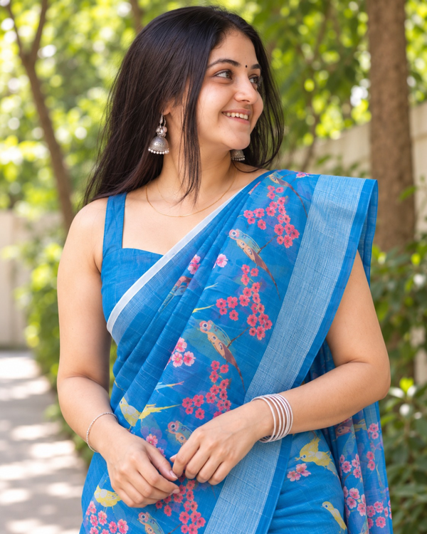 Azure Songbird Garden Chanderi Saree