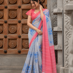 Grey & Coral Pink Ikat Motif Linen Saree