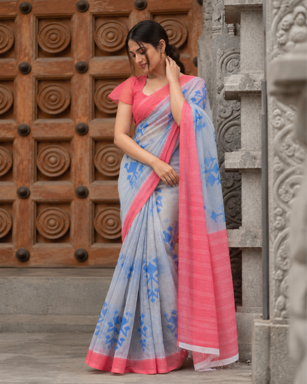 Grey & Coral Pink Ikat Motif Linen Saree