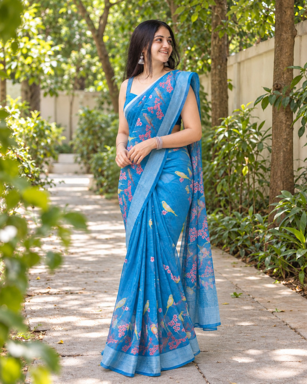 Azure Songbird Garden Chanderi Saree